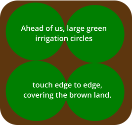 Ahead of us, large green  irrigation circles touch edge to edge, covering the brown land.
