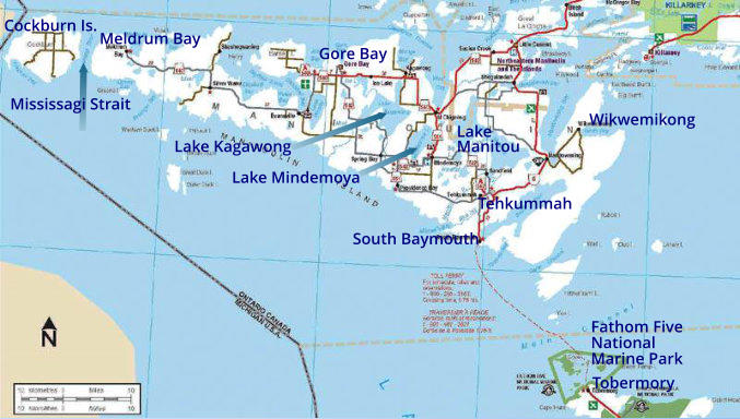 Tobermory South Baymouth Wikwemikong Tehkummah Gore Bay Meldrum Bay Lake Kagawong Lake Mindemoya Lake Manitou Cockburn Is. Mississagi Strait Fathom Five National Marine Park